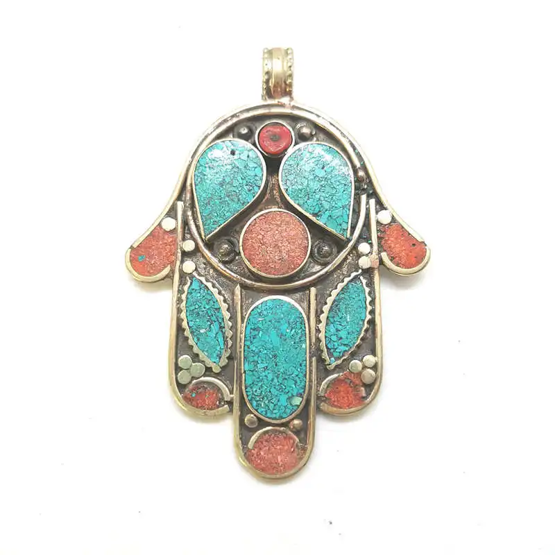 TBP301 Tibetan Buddha Hand Amulet Pendants Nepal Hand Vintage Jewelry Copper Inlaid Colorful Stone