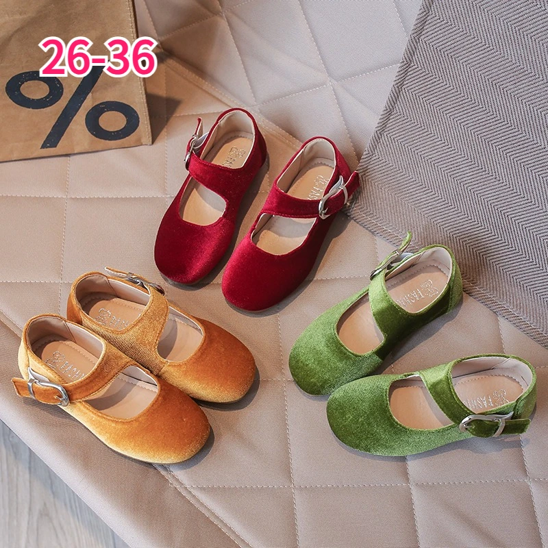 Girls Mary Jane Shoes All‑Season Velvet Buckle Strap Anti Slip Soft Sole Kids Flats Dress Trainers for School Children's Shoes