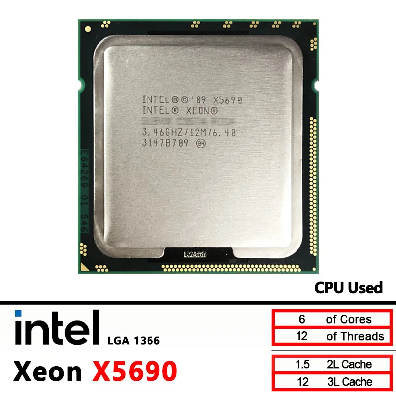 معالج Intel Xeon X5690 3.4 جيجا هرتز مستعمل سداسي النواة اثني عشر خيطًا 12 متر 130 وات LGA 1366