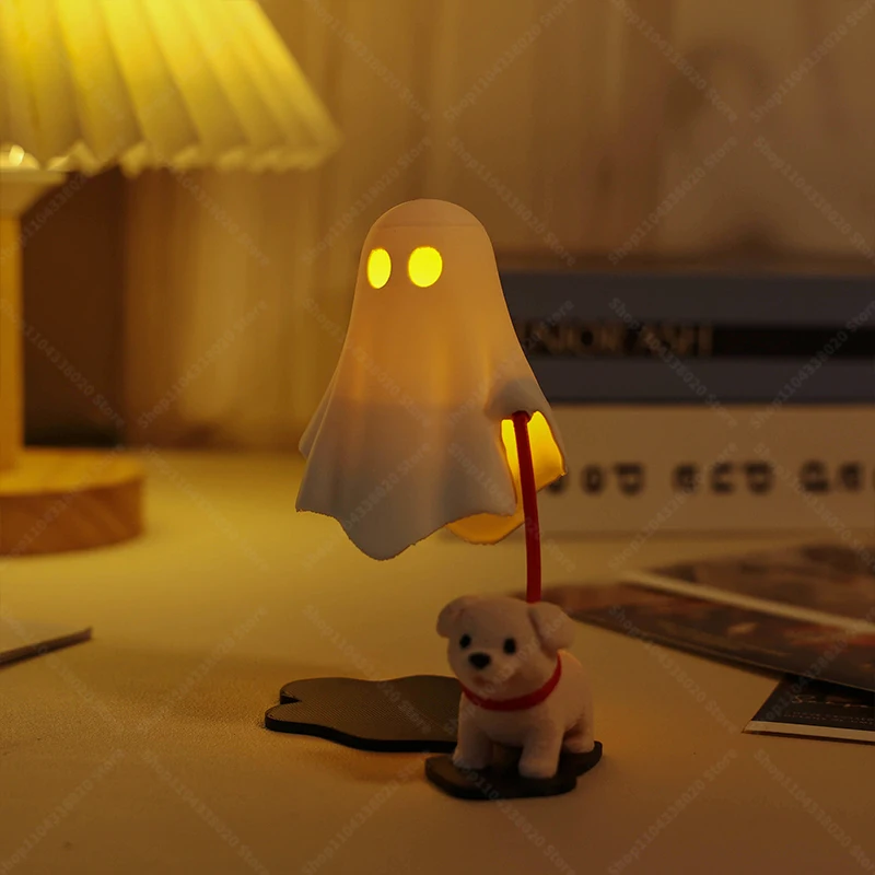 Cute Ghost LED Night Light with Dog Figure - Spooky Desk Lamp, Halloween Decor, Warm Light for Bedroom JJ3562