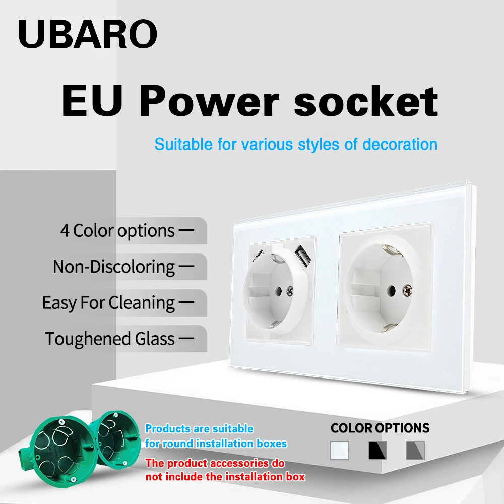 UBARO EU Standard Gray Tempered Crystal Glass Panel Wall Socket With Usb 5V 2100mA Power Home Outlets AC100-250V 16A Sockets