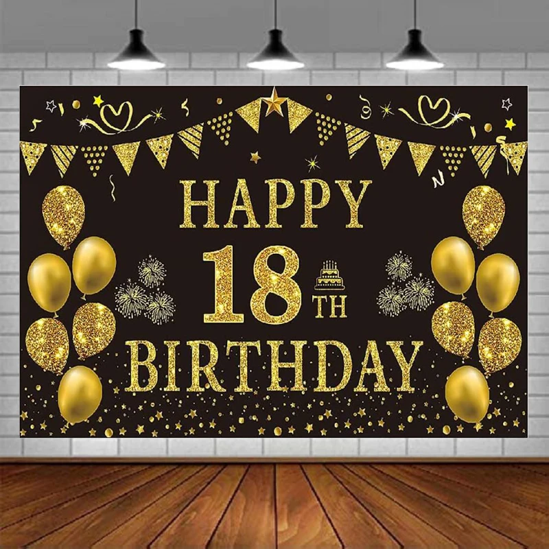 

Photography Backdrop For Men Black Gold Banner Happy 18th Birthday Decoration For Boys Supplies Background