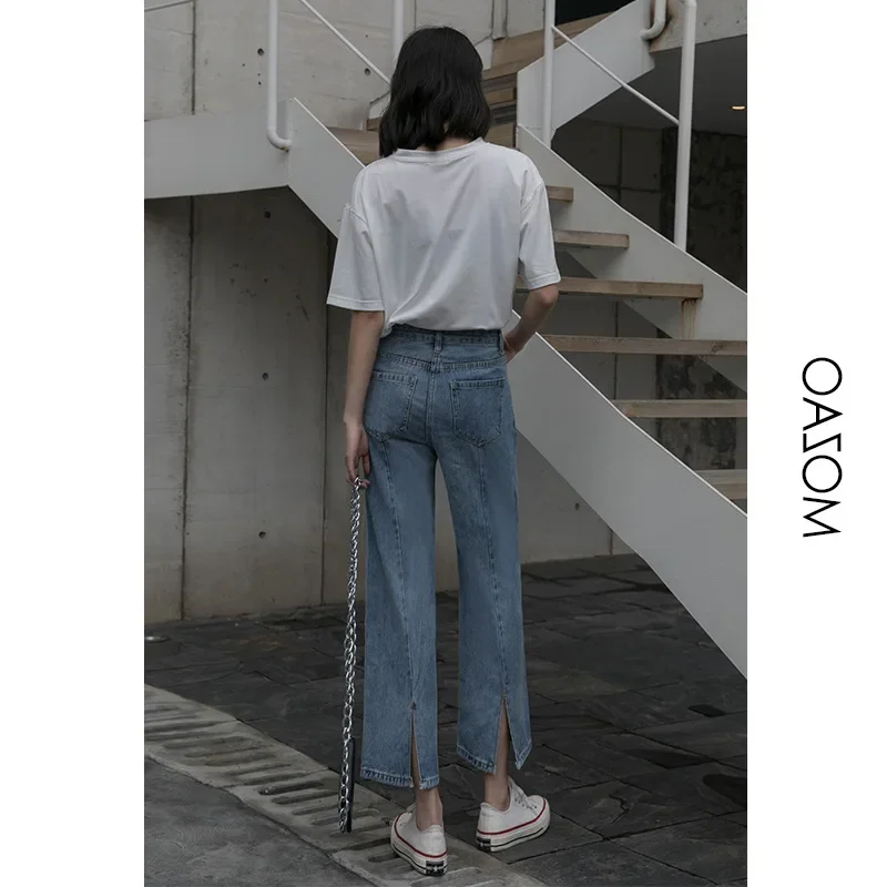 Fall Back Slit High Waist Blue Jeans Women's Straight Loose Loose 2023 New Wide-leg Ninth Pants Summer Female New Solid Trouser