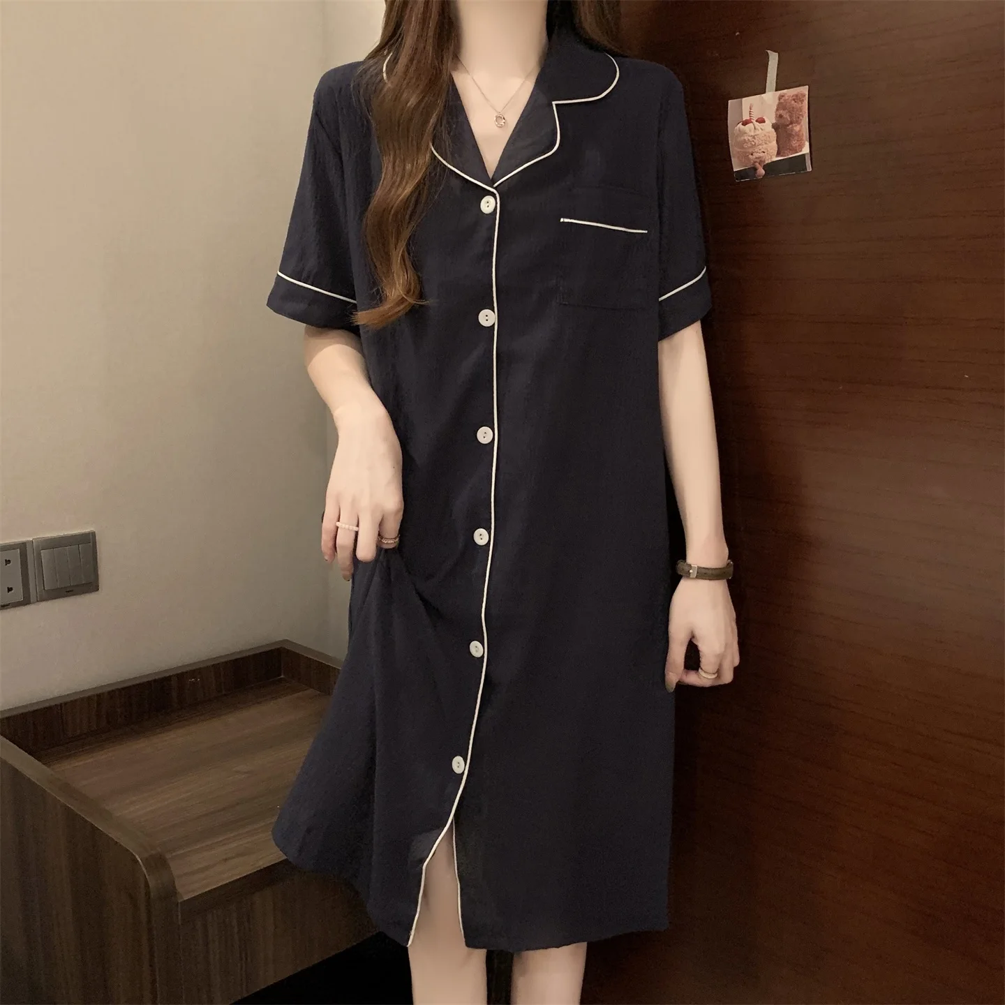 Cloud Cotton Open Cardigan Nightgown Women Summer Short Sleeve Midi Dress Simple Deep Blue Shirt Dress Home Clothes