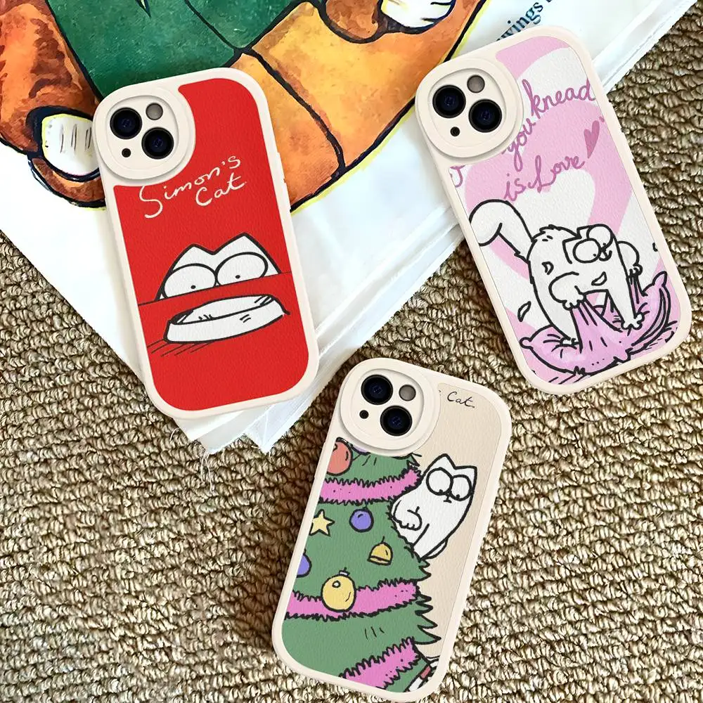 

S-Simons-Cute-Cat Phone Cover For IPhone 11 12 13 14 15 16 Pro Max Mini Plus Soft Leather Case