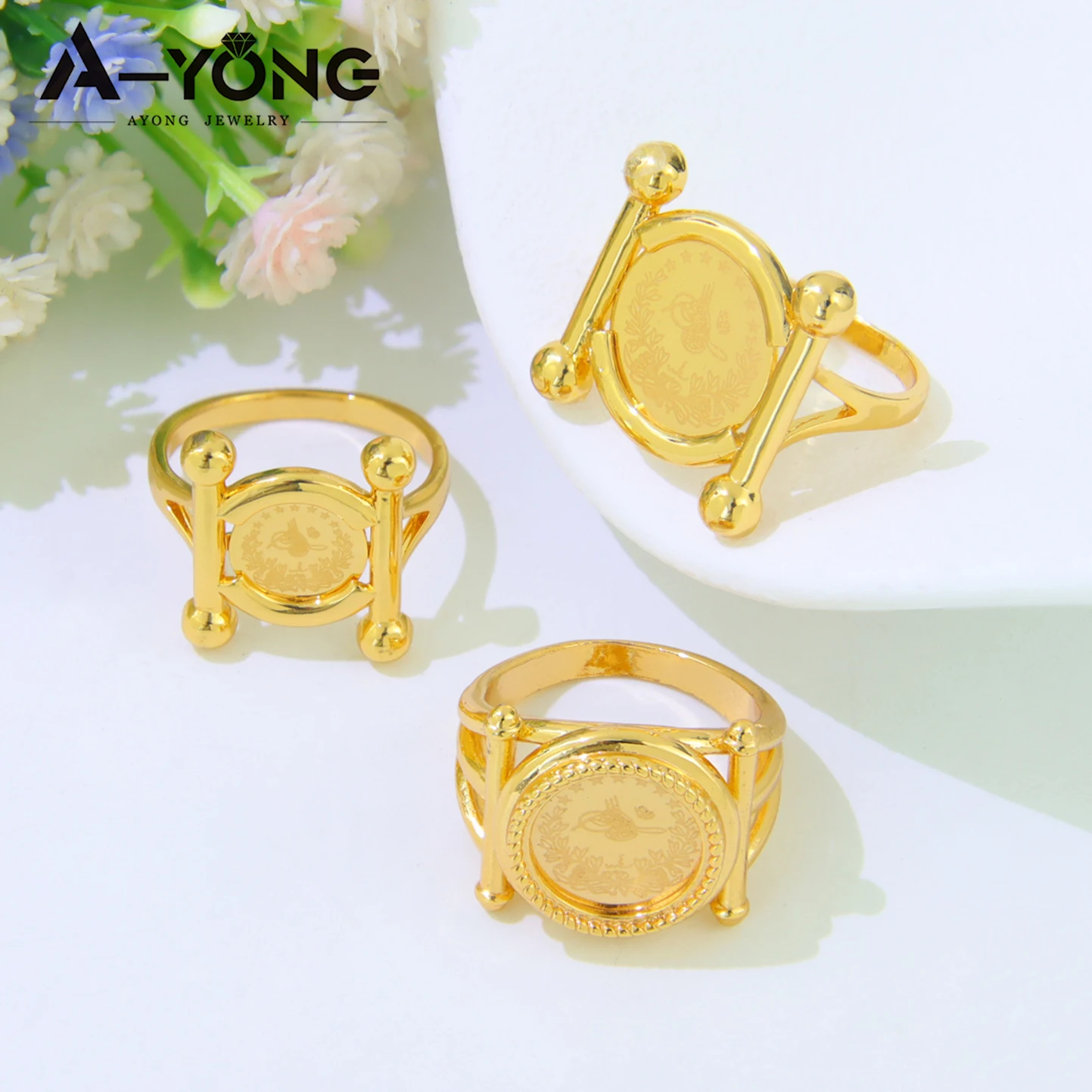Türkische Goldmünzen Ring 21 Karat vergoldet Dubai Braut Hochzeit Paare Ringe Arabisch Islamische Frauen Ramadan Party Schmuck – Detail 2
