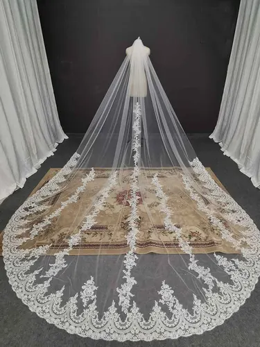Imagen 2 del producto Velo De novia De encaje largo personalizado con peine velo De novia Blanco/Marfil De una sola capa velo De cabeza De 3,5 metros De largo Velo De Novias