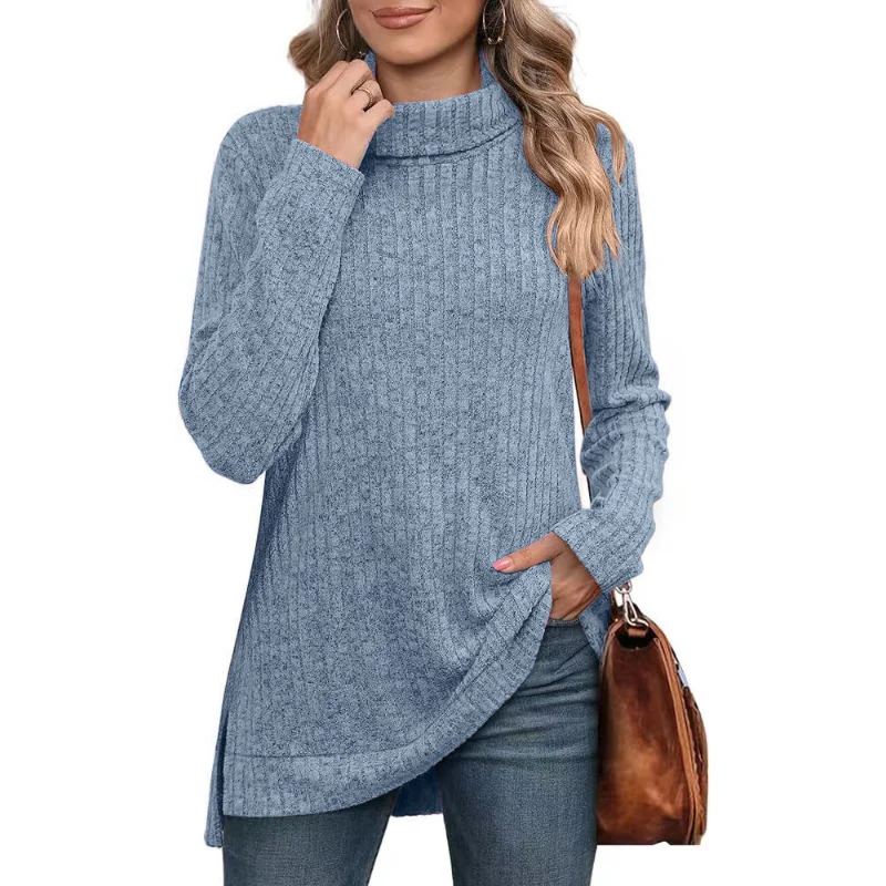 2023 autunno/inverno nuovo solido collo alto taglio diviso età riduzione moda Slouchy sciolto selvaggio ufficio signora t-shirt per il tempo libero Top da donna