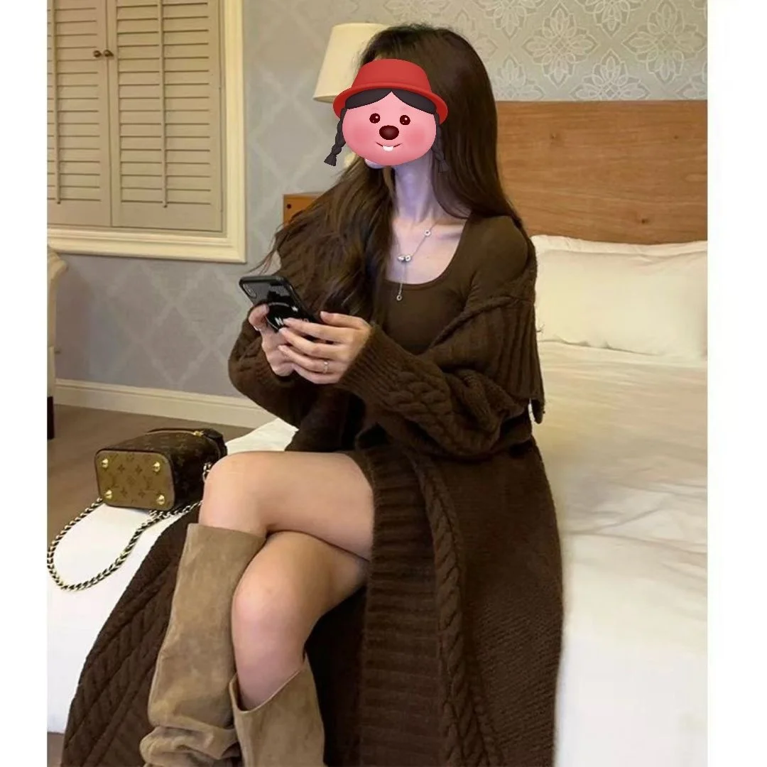 

Mid-Long Cardigans Office Womens Summer Seoulish-Style Stretched Oversize Elastic Loose Mohair Flap Fabric Collarbone High-End