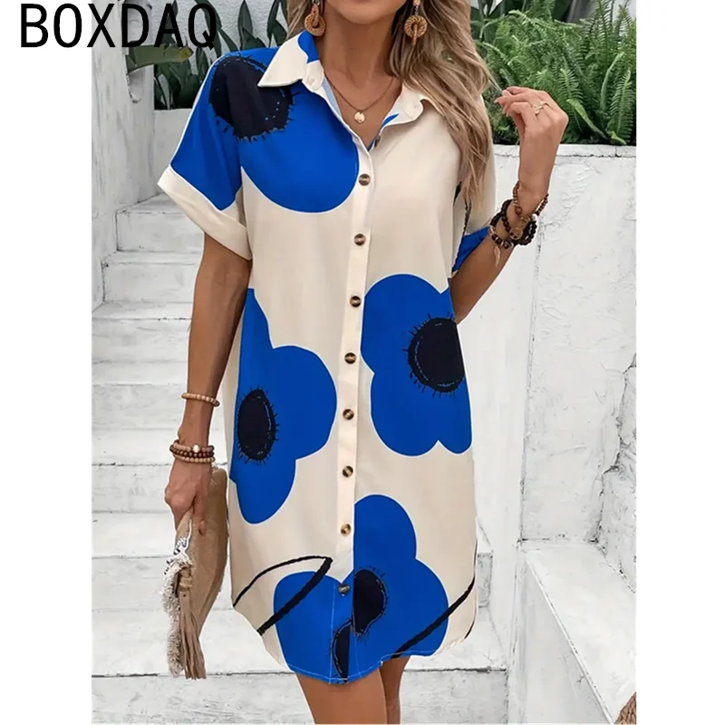 قميص نسائي فستان حجم كبير الصيف قصيرة الأكمام التلبيب قميص صغير فستان موضة واحدة الصدر ثلاثية الأبعاد الأزهار المطبوعة فستان كاجوال