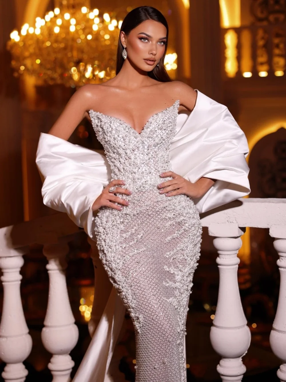 New Arrival Shinny Pearls Wedding Dress With Shawl Dreamy Vneck Floor-length Bridal Gown Customized Luxury Dresses For Bride