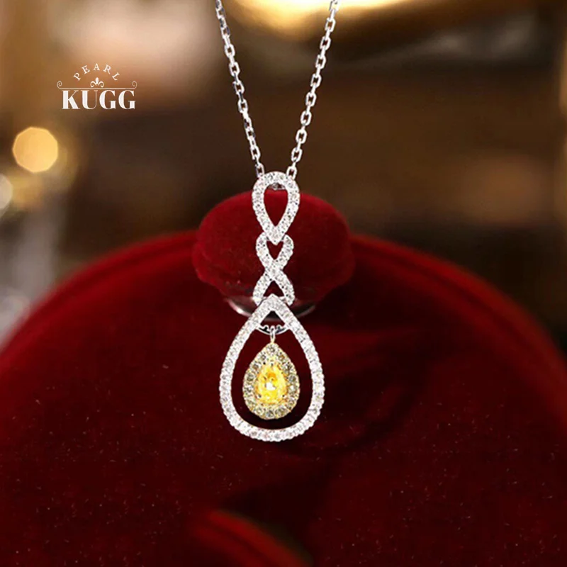 KUGG 100% 18K White Gold Necklace Women Real Natural Yellow Diamond Pendant Necklace Elegant Water Drop Design Birthday Gift