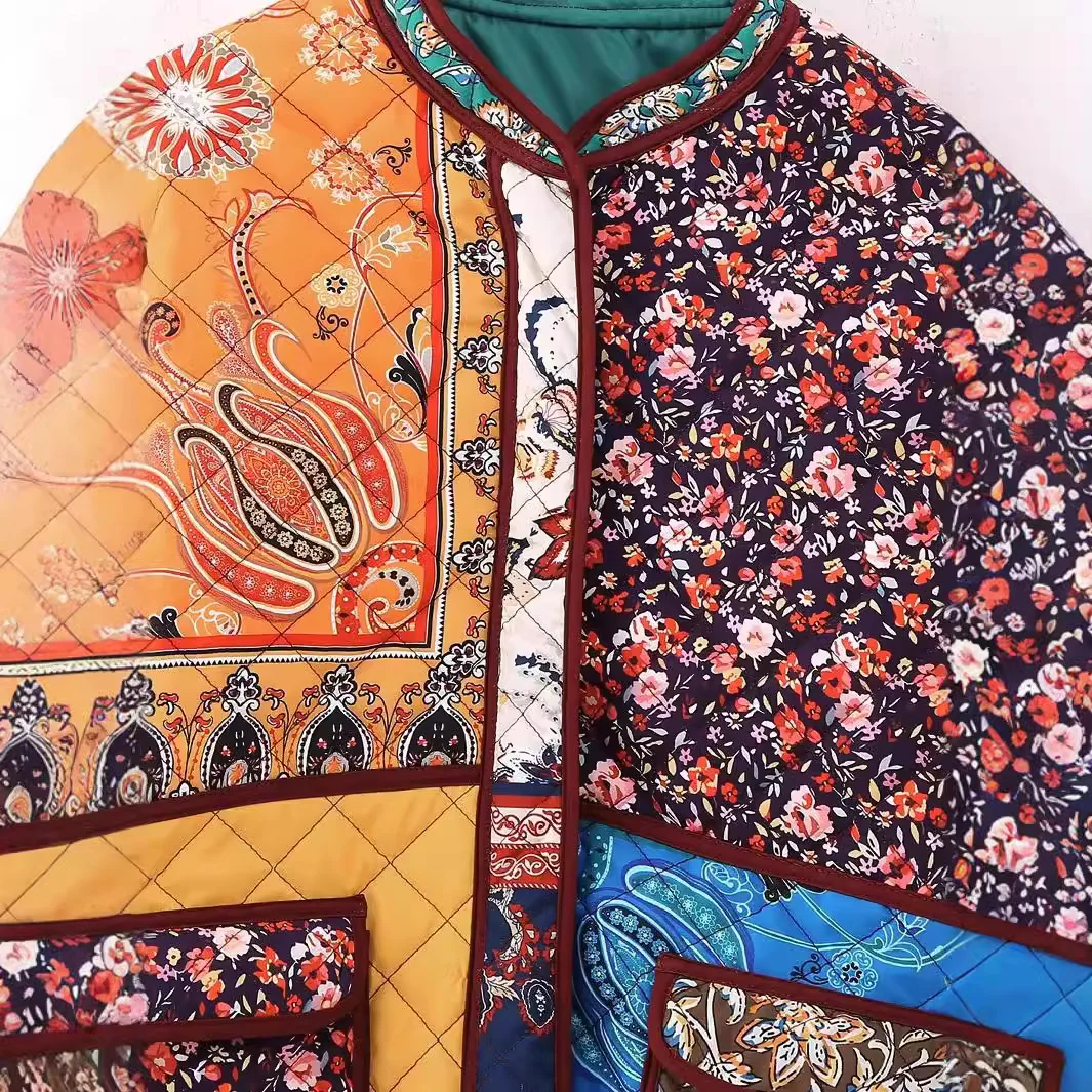 Women's Color-Block Patchwork Small Floral Cotton Jacket Women Patchwork Quilted Jacket Floral Print Padded Coat For Autumn P35N view 4