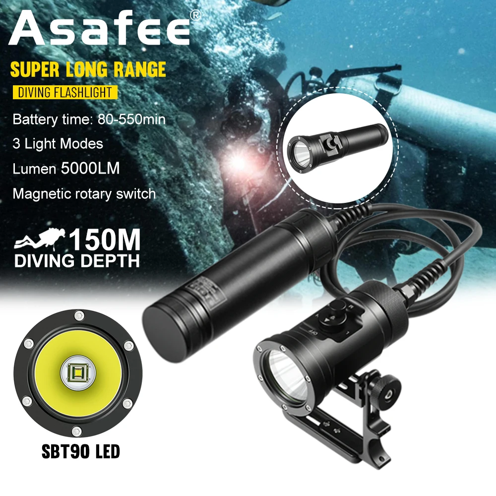 Asafee DT06 150M Underwater 5000LM SBT90 LED Diving Flashlight IPX8 Magnetic Rotary Switch Technical Scuba Diving Lantern