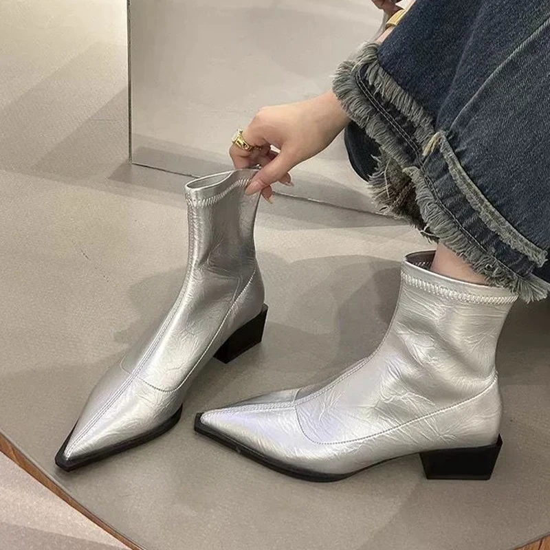 Sexy Pointed Toe Ankle Chelsea Boots Mid Heels Women Chunky Shoes 2024 Fashion Luxury Pumps Dress Shoes Trend Female Zapatos