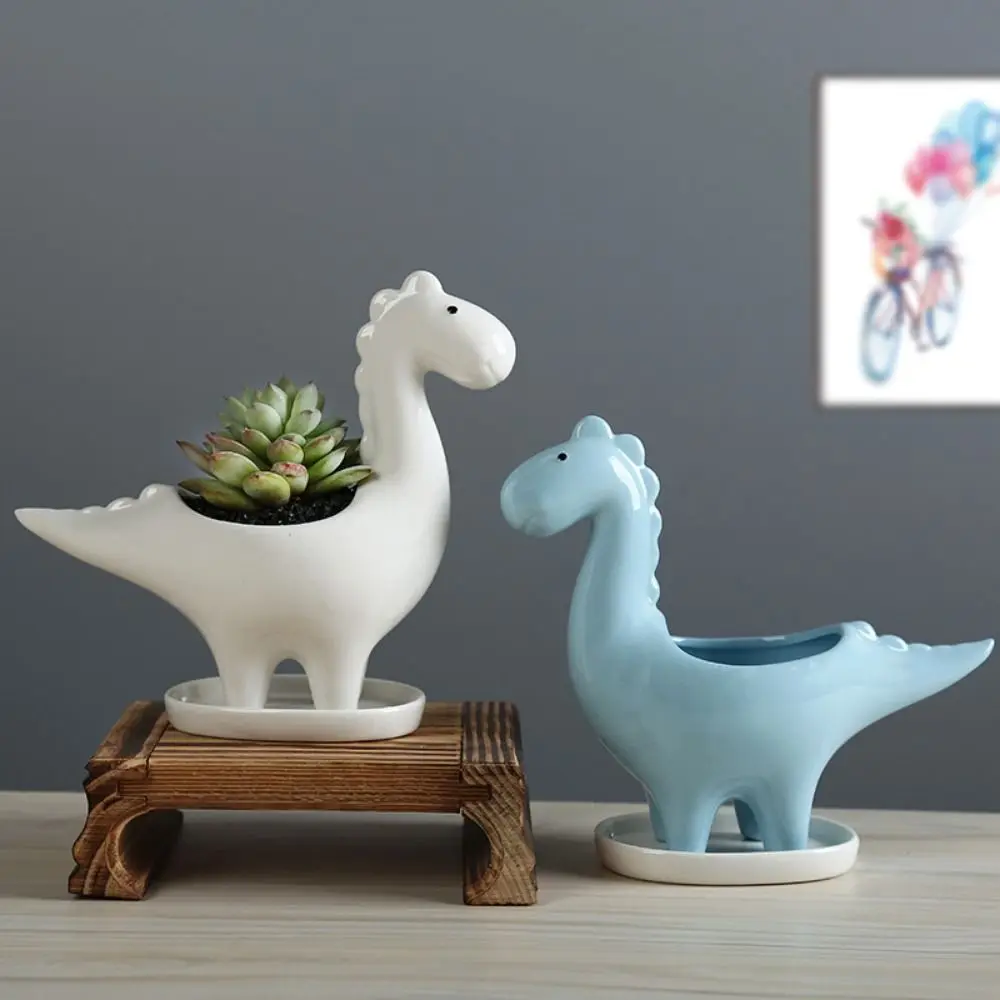 Simple With Tray Dinosaur Flower Vase With Drainage Hole Exquisite Ceramic Flower Pot Kawaii Animal Vase Container Home Decor