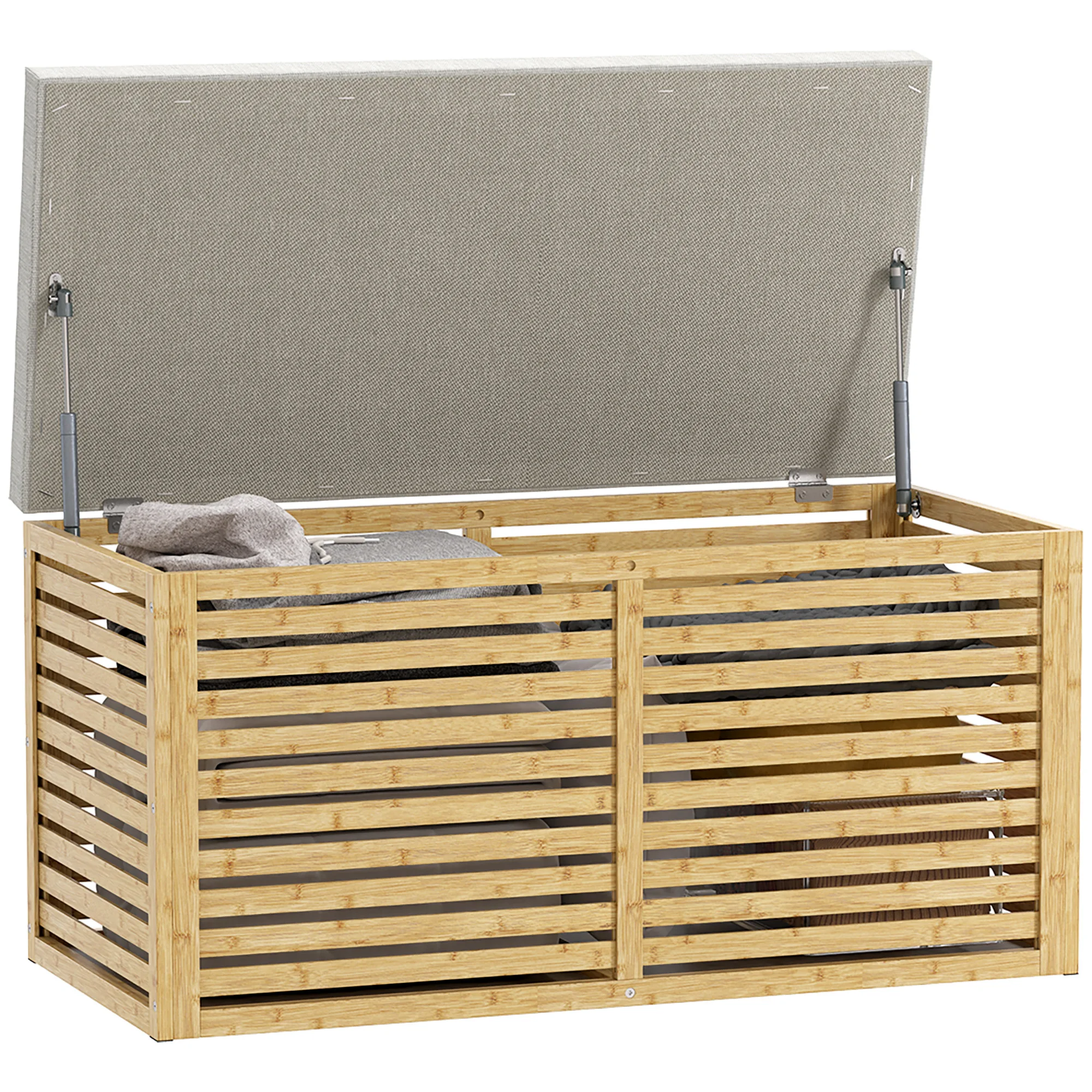 Baule portaoggetti 122L imbottito in lino sintetico con cuscino struttura in bambù 90X42X43 cm Grigio e Naturale