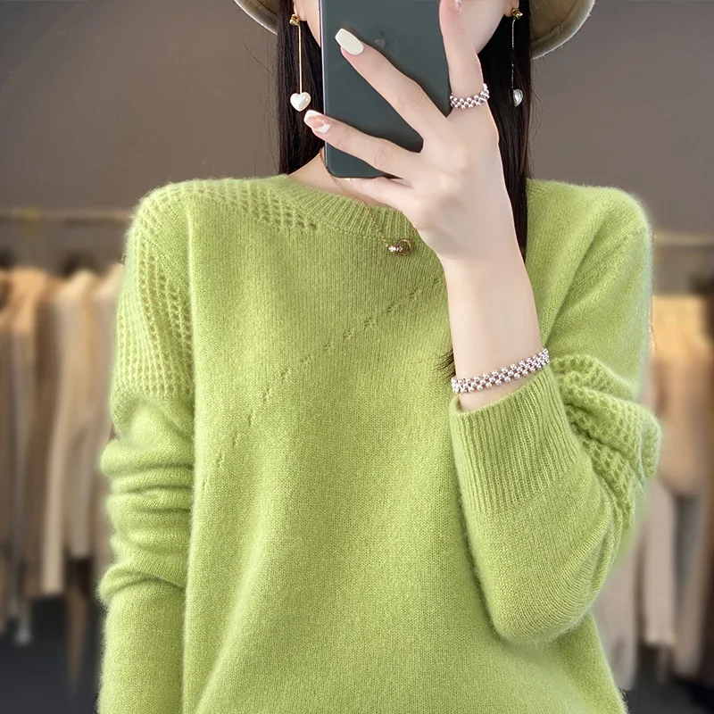 MOONYUEFA-Pure Wool Sweater for Women, O-Neck Pullover, Long Sleeve, Hollow Cashmere, Solid Color Bottoming Shirt, Top, New,100%