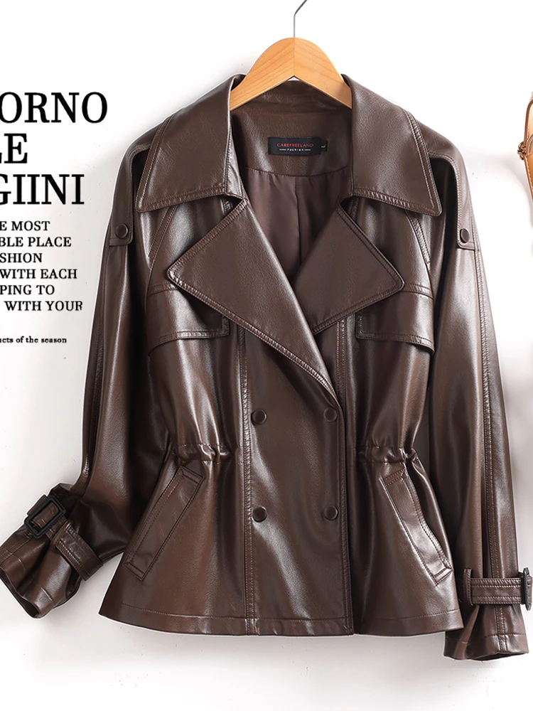  Ning Genuine Leather Jaet Women's ort Sle 2025 New Spring Autumn High-End Feel Coat Waist-Cinching Windbreaker Ou...