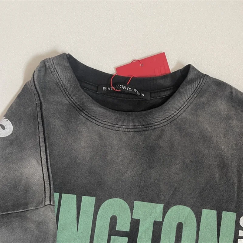 Washed Vintage Black Long Sleeve T-Shirt with Pattern Print RRR123 Relaxed Fit Cropped Style Fashion