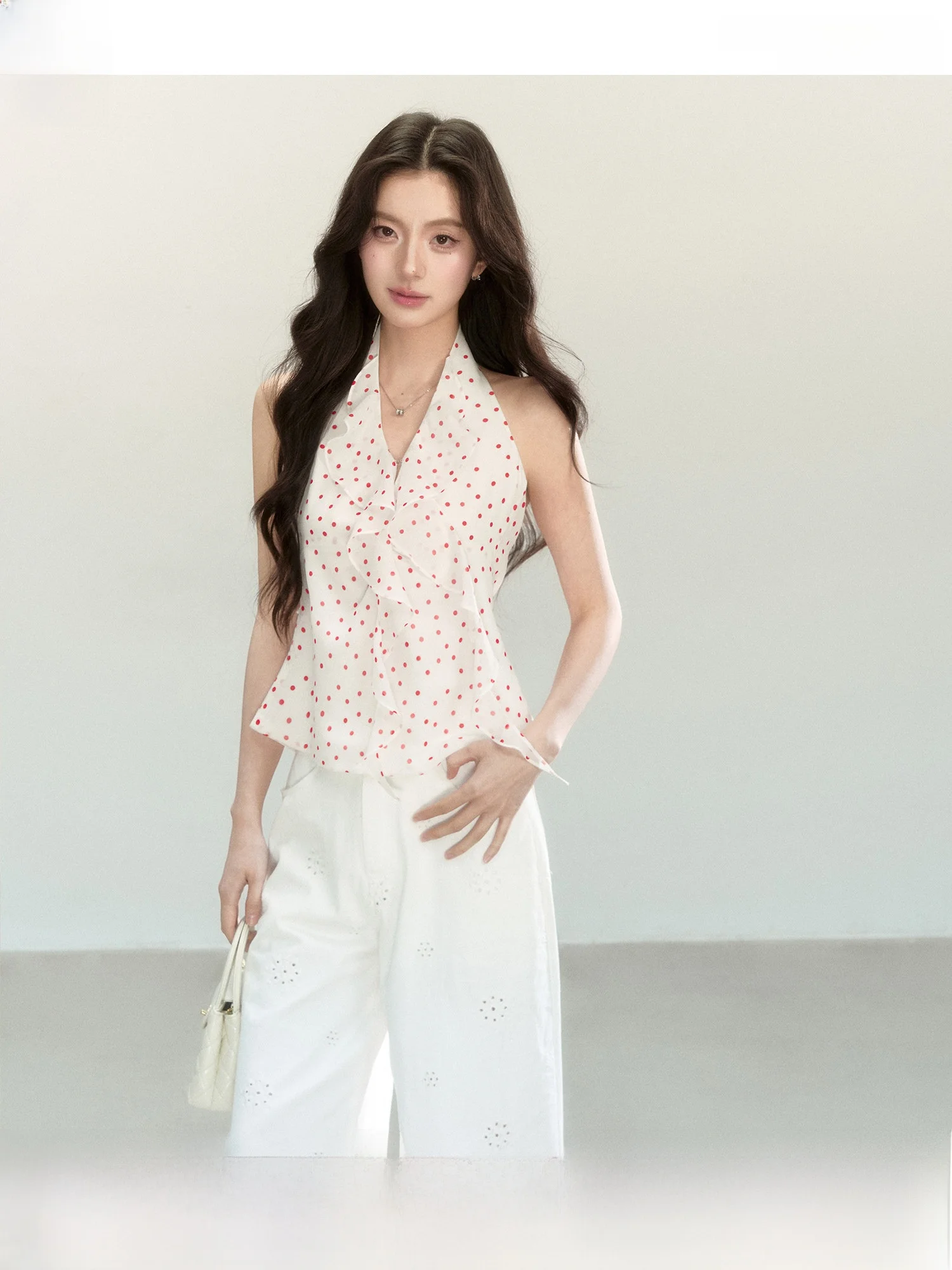 Elegant Polka Dot Neckline Vest White Chiffon Top Summer New Arrival Women's Fashion Short Zipper Closure V-neck Gown