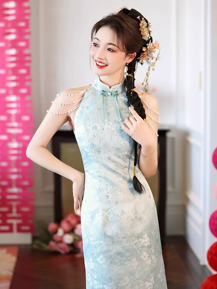 

Blue Printed Cheongsam Traditional Mandarin Collar Vintage Qipao Sexy Exquisite Wedding Party Gown Chinese Style Dress