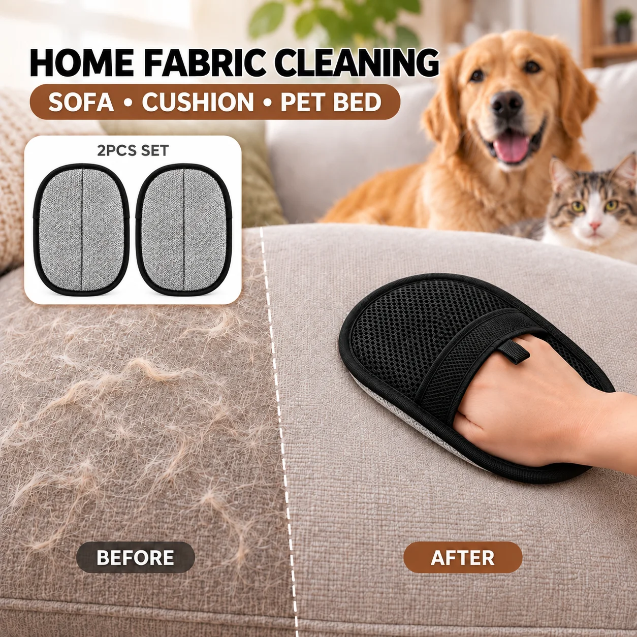 2PCS Reusable Pet Hair Remover Mitt for Home and Car, Handheld Fur Cleaning Glove for Sofa Clothes Cushion Car Seat
