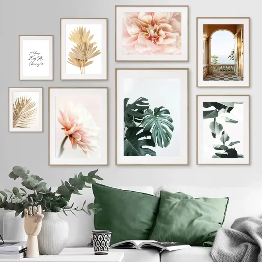 Dahlia Monstera Palm Leaf Balcony Flower Wall Art Canvas Painting Nordic Posters And Prints Wall Pictures For Living Room Decor