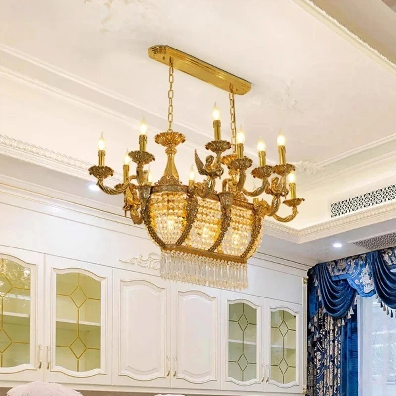 French Gold Rectangular Lighting Low Ceiling Pendant Lamp Dining Room Crystal Classical Chandelier For Dinning Room