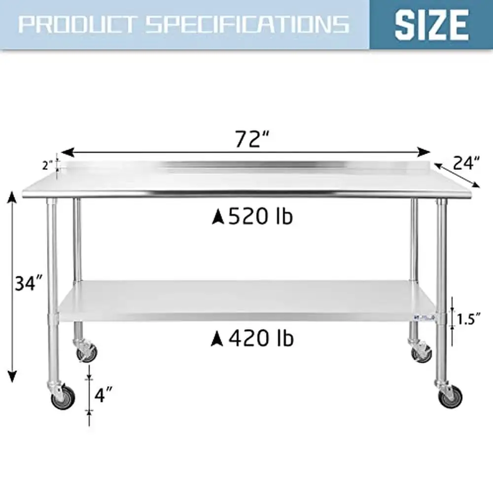 Heavy Duty 24x72 Stainless Steel Prep Work Table with Undershelf & Caster Wheels NSF Certified Adjustable Commercial Kitchen