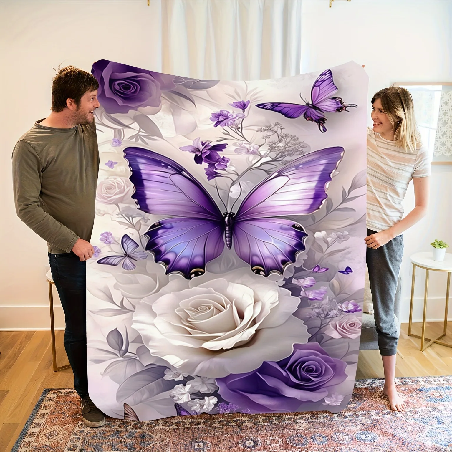 

Purple Butterfly Rose Floral Throw Blanket, Soft Cozy Flannel Blanket, Romantic Home Decor Gift for Couch Bed