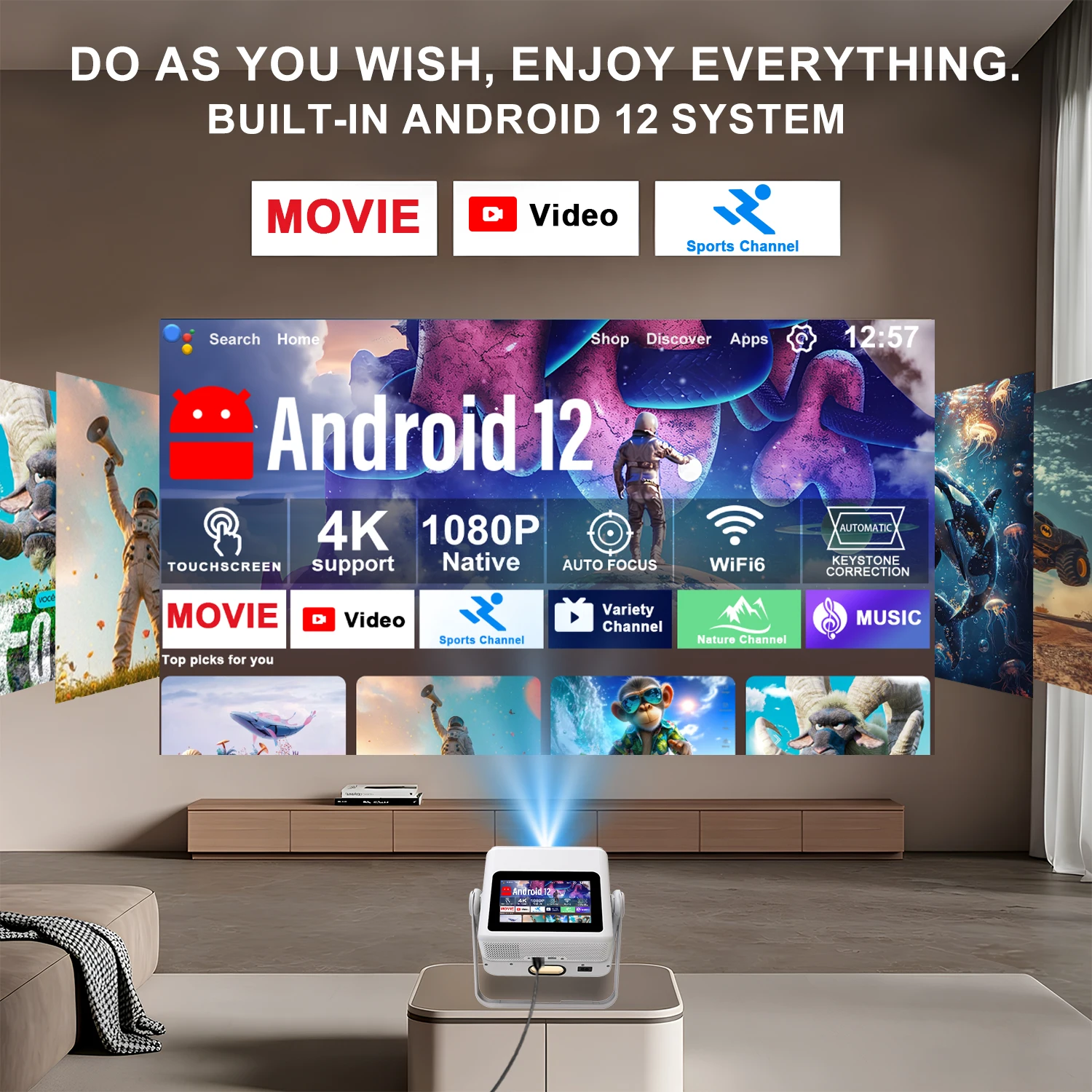 Swimming Skiing Boxing View Projector 7in Touch 1080P 4K 180° Rotate WiFi BT Multi Ports Home Office Use