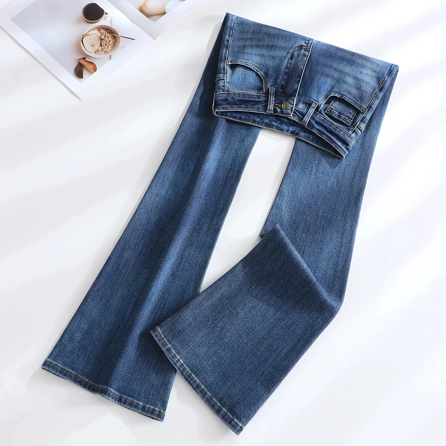 High Waist Bell Bottom Denim Jeans Women's Loose Slimming Fashionable Blue Bell Pants Cotton Stretch Denim Zipper Closure