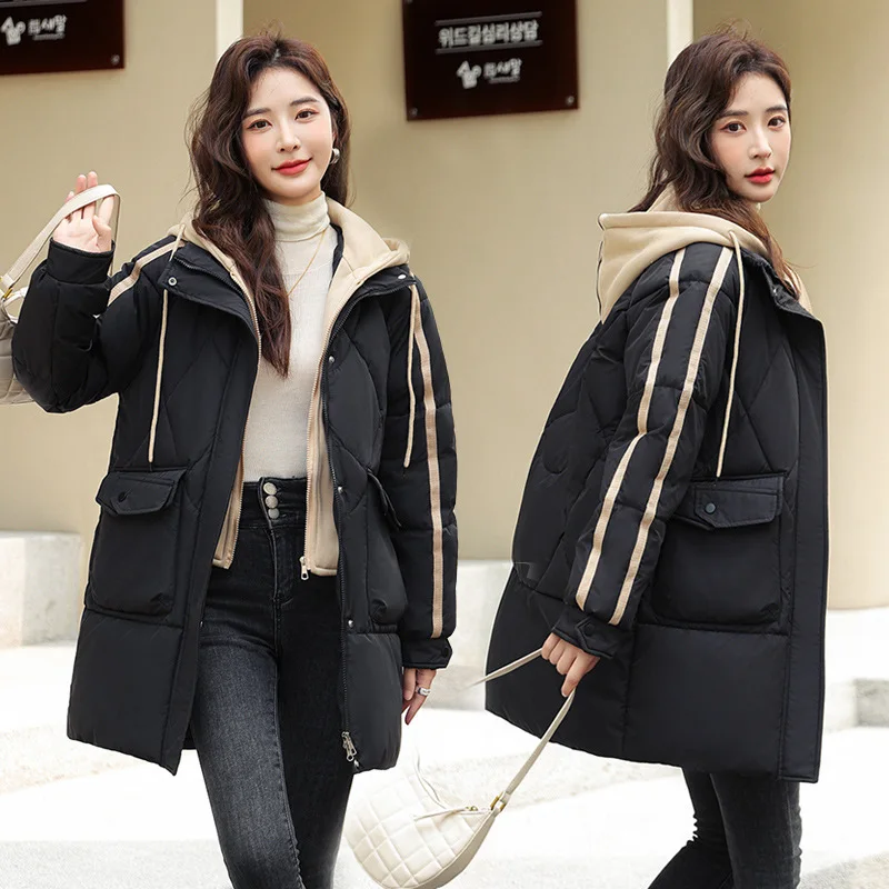Hooded Parkas Coats Women Mid Length Solid Jackets Drawstring Pocket Zipper Long Sleeves Loose Office Lady Casual 2025 Winter