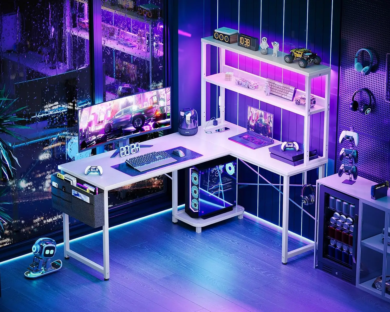 L Shaped Desk Gaming Desk with LED Light & Power Outlet, 53 Inch Reversible L Shaped Computer Table with Shelf, Corner Desk with