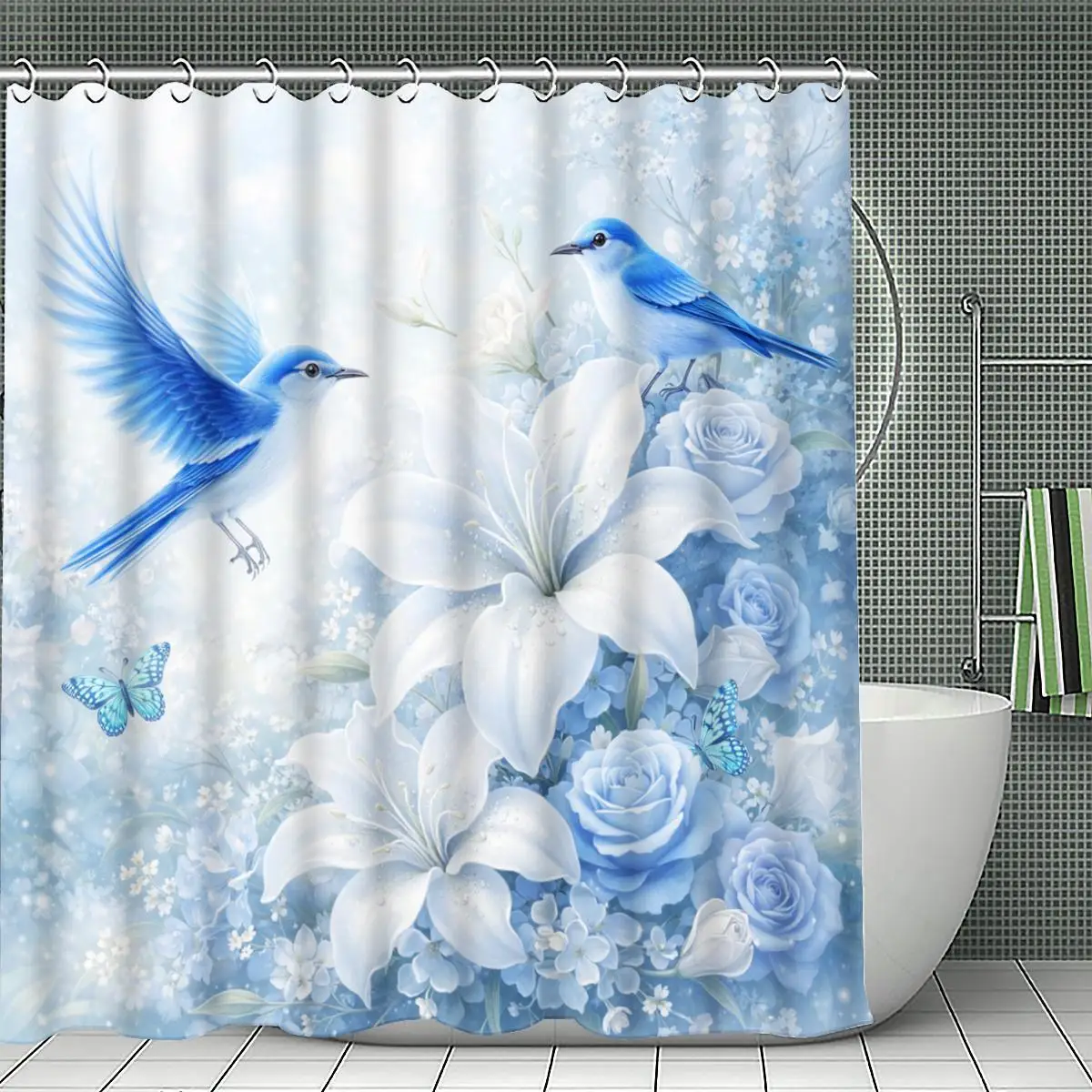 Aesthetic Floral Blue Birds Watercolor Shower Curtain Bathroom Decor Spring Nature Bath Liner Luxury Design