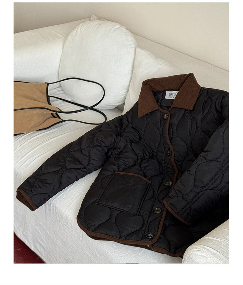 Autumn Down Cotton Padded Jacket Women's 2025 Contrast Lapel Rhombic Thin Short Loose Spring Cotton Padded Casual Coats Female