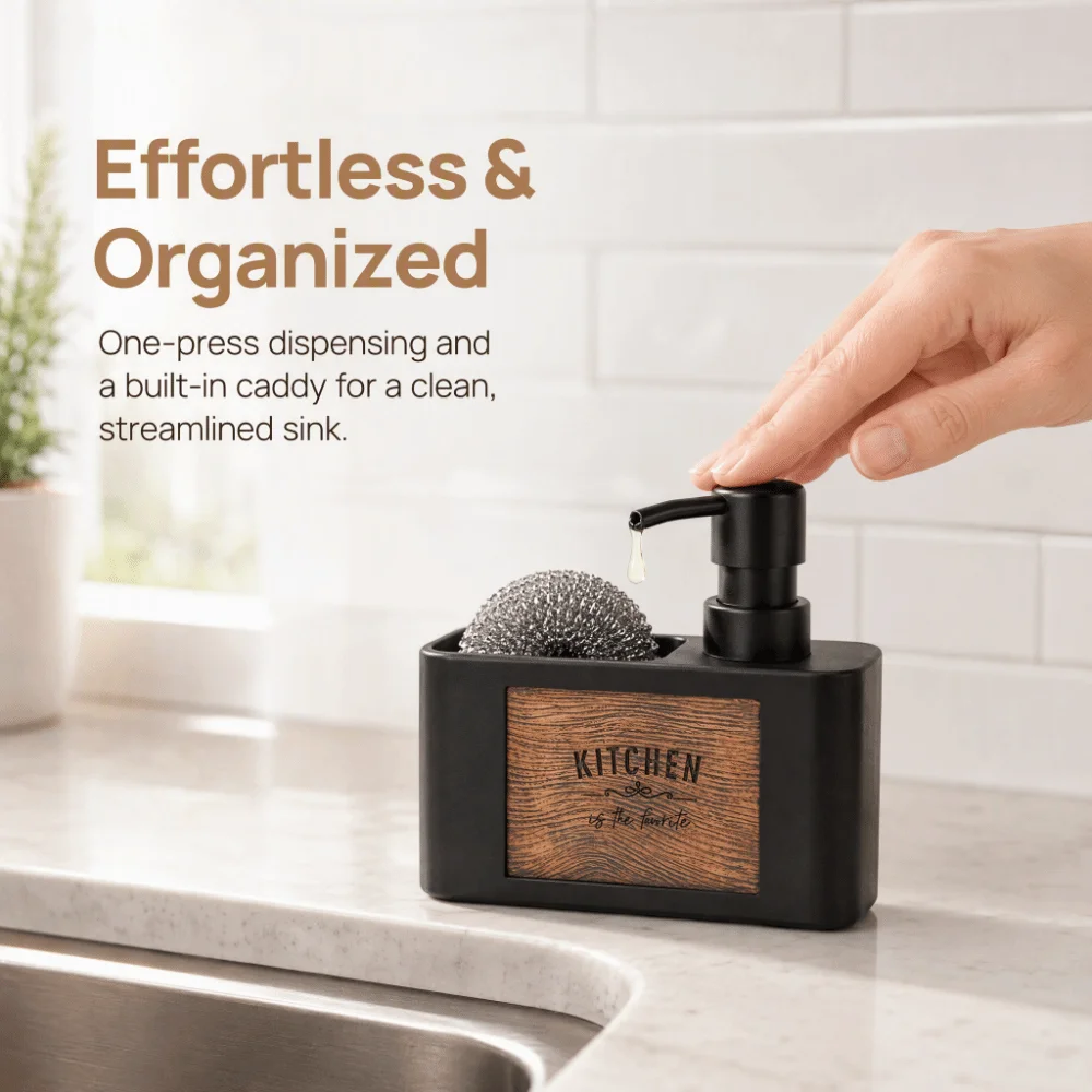 Press Type Kitchen Soap Dispenser with Sponge Holder Refillable Liquid Soap Container Wood Grain Lotion Bottle Home Use