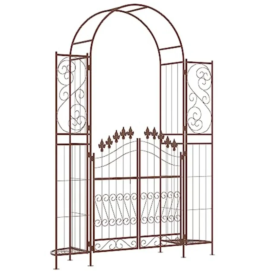 Garden arch with gate and planter shelves for outdoor use, made of metal, brown color, rust-resistant finish