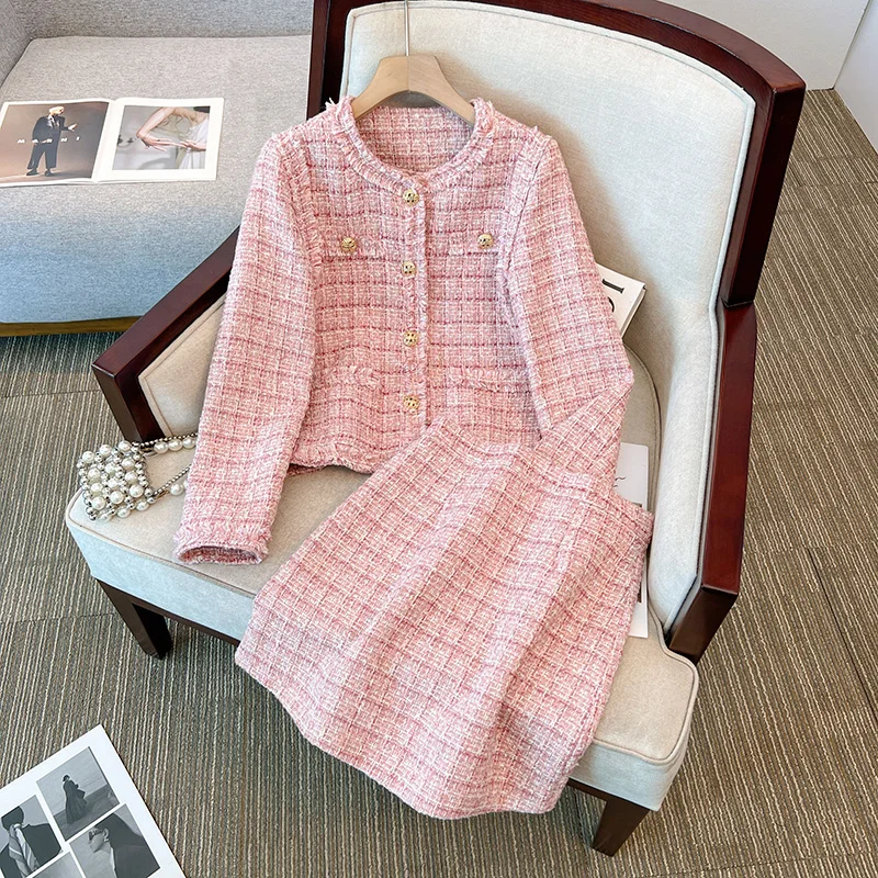 

Women Elegant Vintage Tweed Fragrant Suit Jacke Coat Top And Skirt Two Piece Set pink Outfit Winter Jacquard Party Clothing 3XL