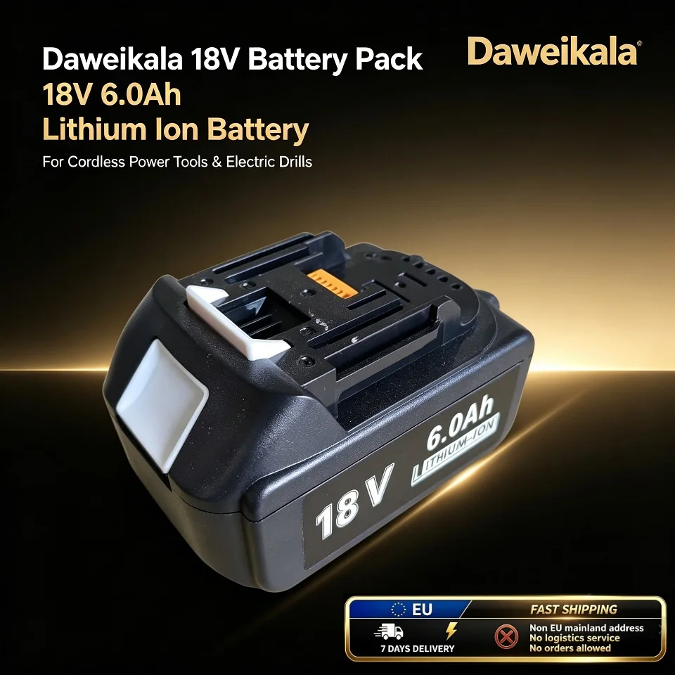Batteria al litio da 18 V, modello Daweikala, 6,0 Ah, batteria di ricambio per utensili elettrici e trapani senza filo, disponibile in magazzino nell’UE, consegna in 7 giorni.