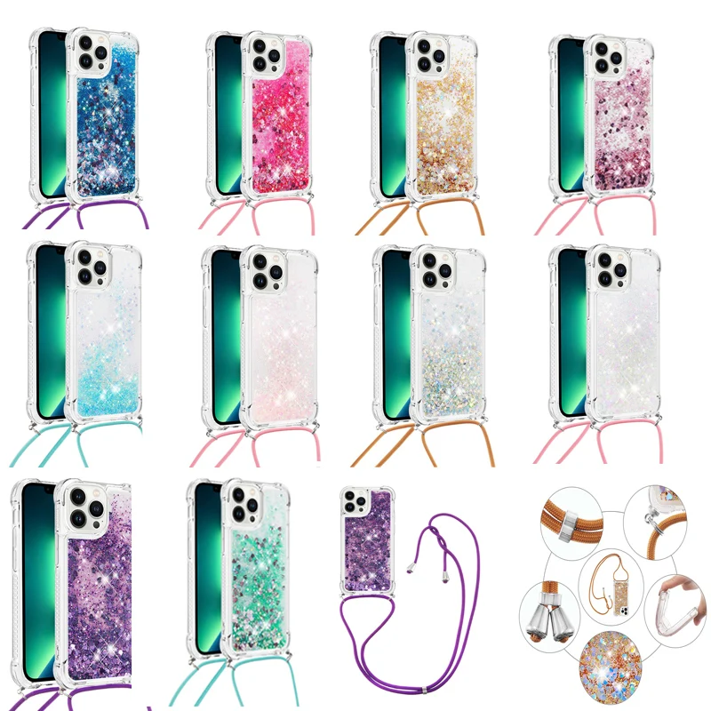 Crossbody Lanyard Necklace Strap Quicksand Case For Xiaomi Redmi Note 13 Pro 4g 5g Plus Poco X6 Glitter Shockproof Liquid Cover