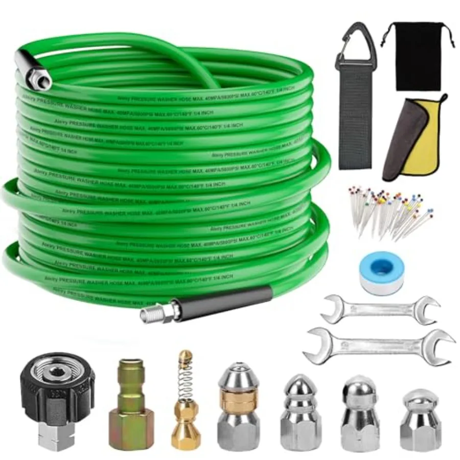 

Sewer Jetter Kit for Prure Washer, Water Jet Drain Cleaning Hose with Corner Rotating Button Spring Nose 1/4" NPT Sewer Cleanin