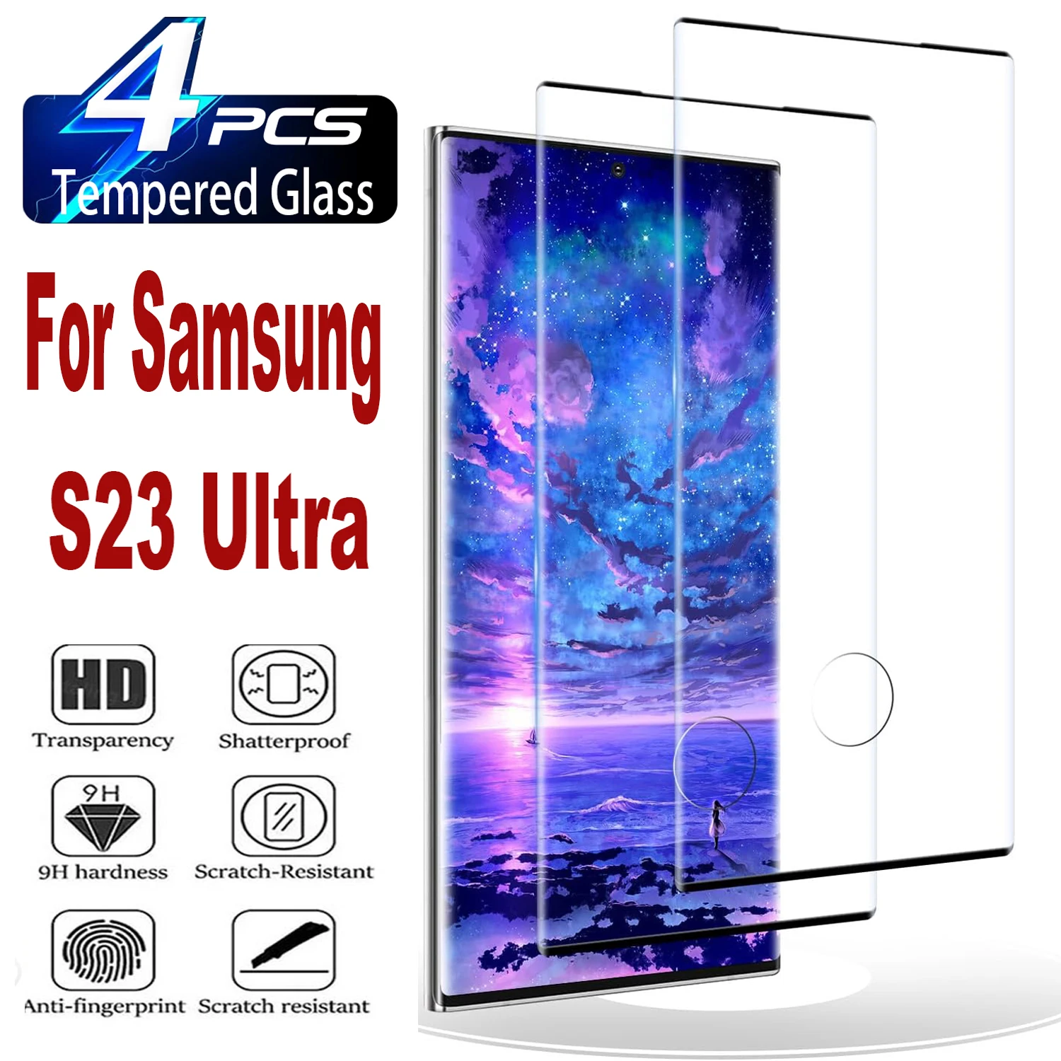 

9H Curved Four Sides Glue Tempered Glass Film For Samsung Galaxy S23 Ultra 5G 2/4Pcs HD Screen Protector Glass