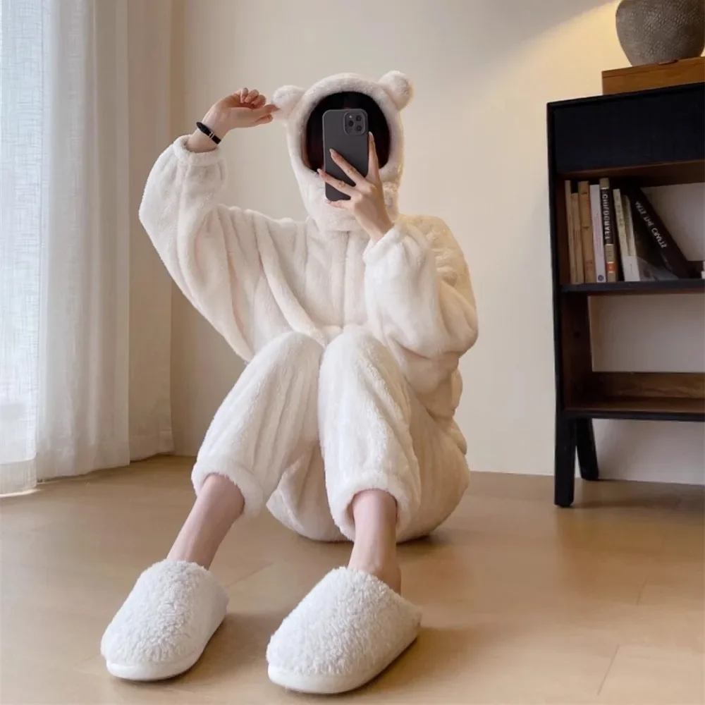 Thickened Warm Fleece Women\'s Pajamas 2 Piece Set Cartoon Cute Furry Black Pajamas Outside Home Suit Suit Female Autumn Winter