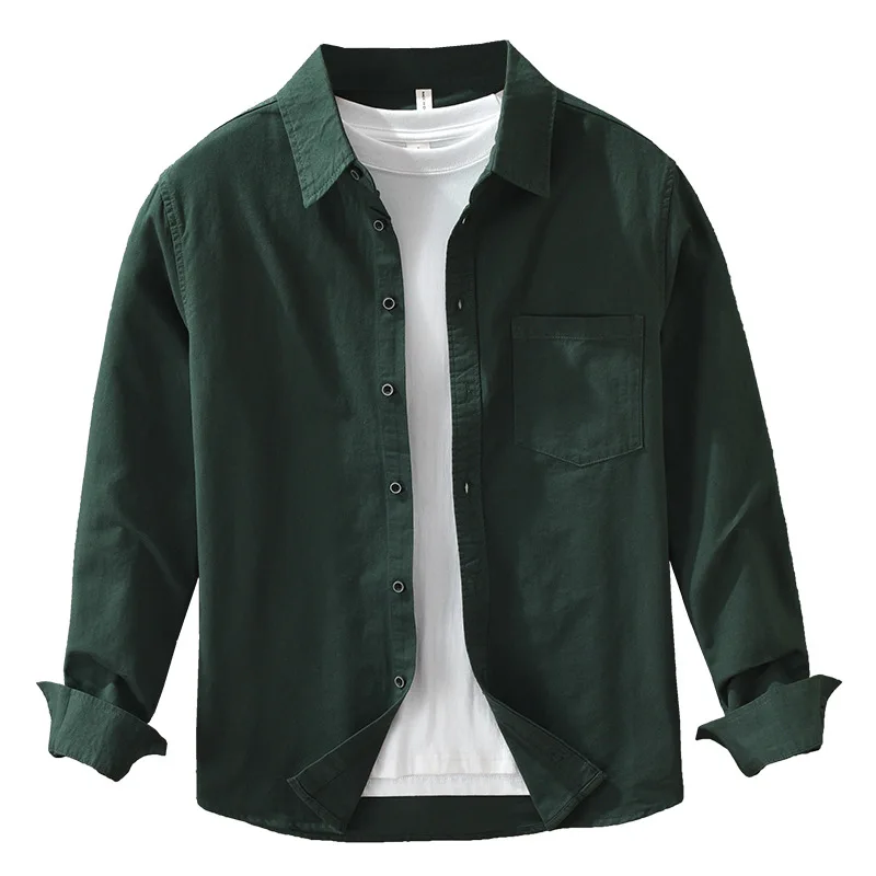 

Spring Autumn Green White Casual Long Sleeve Men Shirts 100% Cotton Solid Color Fashion Loose Top Shirts For Men Solid Soft