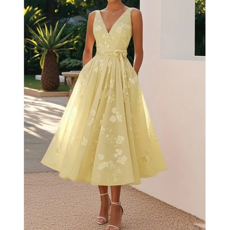 Verão elegante vestido de festa à noite 2025 sexy com decote em v sem mangas rendas chique vestidos plissados boho das mulheres a linha vestido de baile robe
