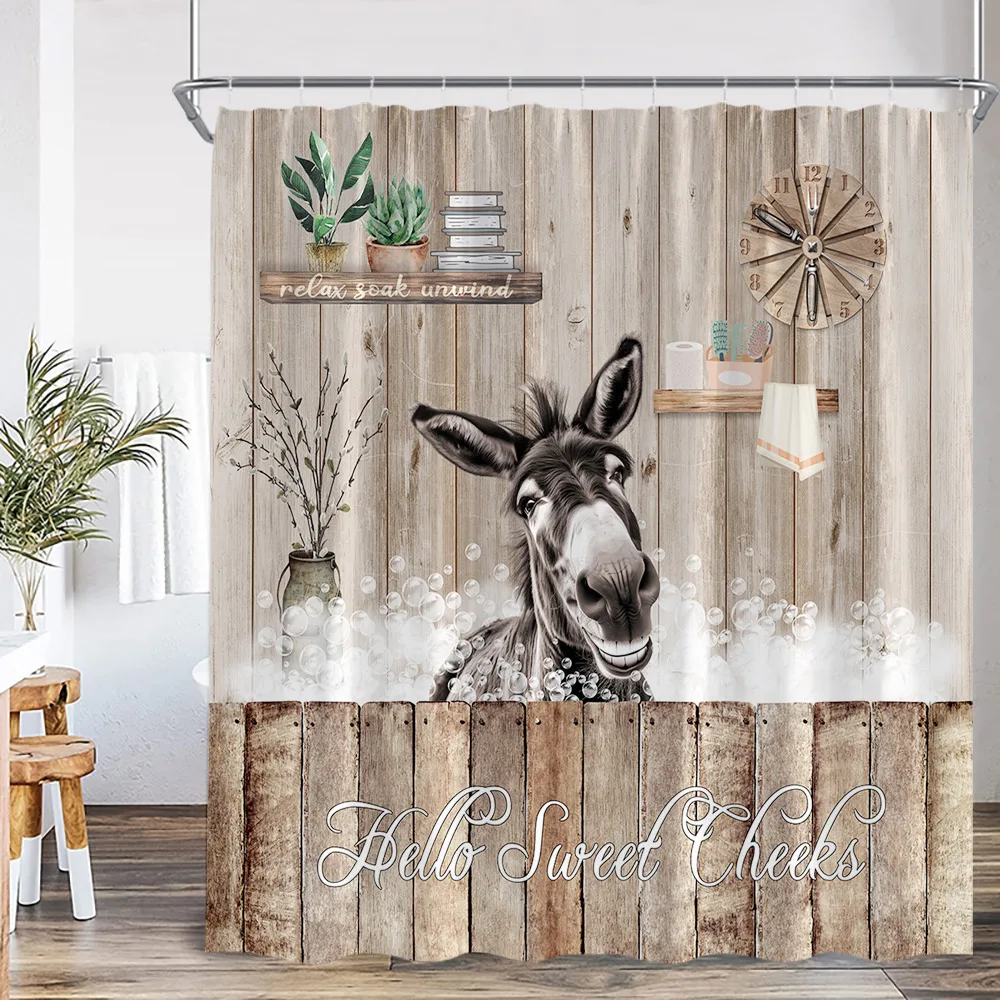 Farm Animal Print Shower Curtainh Funny Highland Cow Donkey Pig Horse Floral Vintage Wooden Plank Fence Retro Bathroom Curtain