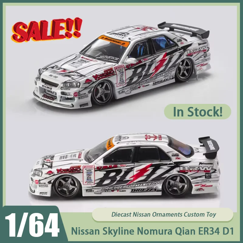

Новинка в наличии Mortal 1:64 Nissan Skyline Nomura Qian ER34 D1, автомобиль для дрифта, миниатюрный сплав, литой под давлением, украшения Nissan на заказ