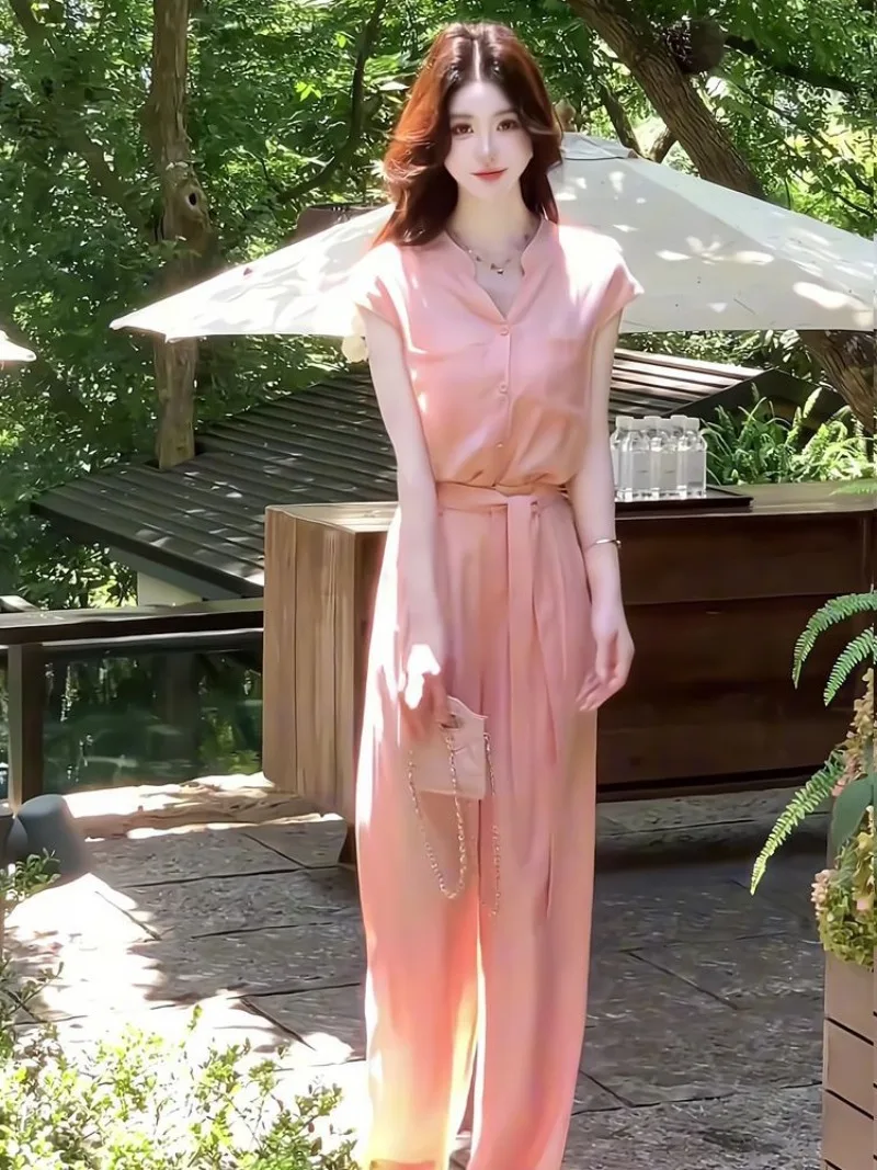 Nuevo conjunto elegante de dos piezas de verano para mujer, moda coreana, camisa de manga corta para oficina, Top + pantalones de pierna ancha de cintura, traje rosa